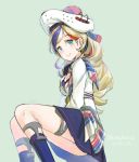  1girl beret blonde_hair blue_dress blue_eyes blue_hair commandant_teste_(kantai_collection) dress grey_background hat kangoku_kou kantai_collection long_hair multicolored multicolored_clothes multicolored_hair multicolored_scarf pom_pom_(clothes) redhead scarf simple_background smile solo streaked_hair white_hair 