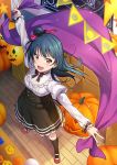  1girl balloon bangs black_legwear blue_hair bow costume_request from_above hair_bow hair_bun highres indoors keita_(kta0) long_hair looking_at_viewer looking_up love_live! love_live!_sunshine!! mary_janes open_mouth outstretched_arms pumpkin red_eyes red_footwear shoes side_bun solo standing tagme tsushima_yoshiko v-shaped_eyebrows wind 