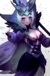  1girl breasts cape cleavage emilia_leblanc feathers forehead_jewel hanato_(seonoaiko) league_of_legends long_sleeves looking_at_viewer makeup mascara outstretched_arm ravenborn_leblanc simple_background smile solo staff violet_eyes white_background white_hair 