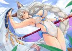  1girl animal_ears armpits backless_outfit blue_sky blush braid breasts cat_ears cleavage closed_mouth covered_navel cowboy_shot day dunceneygak dutch_angle erun_(granblue_fantasy) granblue_fantasy hair_between_eyes hair_intakes hair_tubes heles large_breasts long_hair looking_at_viewer silver_hair single_braid sky solo swimsuit very_long_hair white_swimsuit yellow_eyes 