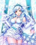  1girl bangs blue_hair breasts brown_eyes cleavage commentary copyright_name crown dress elbow_gloves eyebrows_visible_through_hair flower fumi_(butakotai) fur_trim gloves hair_flower hair_ornament holding indoors jewelry large_breasts long_hair looking_at_viewer maboroshi_juuhime open_mouth scepter shiny short_dress smile solo sparkle veil white_dress white_gloves 