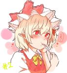  1girl bangs blonde_hair blush commentary_request danji_aq eating flandre_scarlet fork hand_on_own_face hat hat_ribbon heart mob_cap pointy_ears red_eyes red_ribbon ribbon short_sleeves solo touhou upper_body vest white_hat 