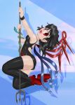  1girl asymmetrical_wings black_hair black_legwear black_swimsuit competition_swimsuit fang full_body houjuu_nue looking_at_viewer one-piece_swimsuit open_mouth pole_dancing polearm red_eyes red_footwear short_hair smile snake solo swimsuit thigh-highs touhou trident weapon wings winn 