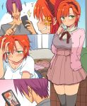  1boy 1girl blush cellphone comic eroe faceless faceless_male genderswap genderswap_(mtf) green_eyes hasumi_souji_(eroe) igarashi_kyou_(eroe) looking_at_mirror mirror orange_hair original phone self_shot short_hair skirt smartphone thigh-highs window 