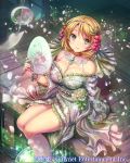  1girl arm_support bangs bare_shoulders blonde_hair breasts bucket choker commentary copyright_name eyebrows_visible_through_hair fan floral_print fumi_(butakotai) gem green_eyes hair_ornament holding japanese_clothes jewelry kimono large_breasts looking_at_viewer looking_up maboroshi_juuhime partially_submerged petals shiny short_hair smile solo sparkle water wide_sleeves wrist_cuffs 
