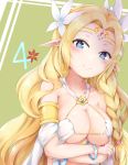  1girl armlet bangle bangs blonde_hair blue_eyes blush bracelet braid breasts cleavage closed_mouth collarbone elf feel_nilvalen flower forehead_jewel green_background hair_flower hair_ornament head_tilt ikasoke_(likerm6au) jewelry large_breasts long_hair looking_at_viewer no_game_no_life number parted_bangs pointy_ears single_braid smile solo upper_body very_long_hair 
