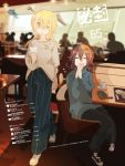  2girls alternate_costume blonde_hair blurry brown_hair chair closed_eyes cup depth_of_field hands_together highres interior long_hair maribel_hearn multiple_girls no_hat no_headwear pants real_world_location restaurant shoes short_hair sigh sneakers sweater table tokoroten_(hmmuk) tokyo_(city) touhou usami_renko wallet yellow_eyes 