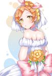  1girl arms_behind_back bare_shoulders bouquet bow choker dress earrings flower from_behind hair_flower hair_ornament highres holding holding_bouquet hoshizora_rin jewelry kaisou_(0731waka) looking_back love_live! love_live!_school_idol_project love_wing_bell orange_flower orange_hair parted_lips pink_bow pom_pom_(clothes) short_hair solo veil wedding_dress white_dress white_neckwear yellow_eyes 