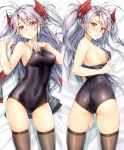  1girl antenna_hair armpits ass azur_lane bare_arms bare_shoulders bed_sheet black_legwear black_swimsuit blush breasts bright_pupils closed_mouth collarbone competition_swimsuit covered_navel dakimakura dress_removed eyebrows_visible_through_hair from_above frown gluteal_fold hand_on_own_thigh hand_up headgear highres kotatsu_(kotatsu358) lying medium_breasts multicolored multicolored_eyes multiple_views nose_blush on_back on_side one-piece_swimsuit orange_eyes parted_lips prinz_eugen_(azur_lane) red_eyes shiny shiny_skin sideboob sweat swimsuit thigh-highs thighs two_side_up 