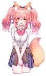  1girl animal_ears blush breasts fate/extella fate/extra fate/extra_ccc fate/grand_order fate_(series) fox_ears fox_tail large_breasts long_hair looking_at_viewer open_mouth pink_hair school_uniform skirt smile solo tail tamamo_(fate)_(all) tamamo_jk_(fate) twintails yellow_eyes 