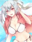  1girl :d akira_(aky-la) bikini blue_sky breasts cleavage clouds collarbone day dutch_angle eyebrows_visible_through_hair floating_hair groin hair_between_eyes hand_in_hair highres jacket large_breasts lens_flare long_hair looking_at_viewer matoi_(pso2) ocean open_clothes open_jacket open_mouth outdoors phantasy_star phantasy_star_online_2 red_eyes red_jacket side-tie_bikini silver_hair sky smile solo swimsuit twintails under_boob white_bikini 