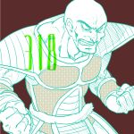  1boy armor bald clenched_hands dragon_ball dragonball_z facial_hair fighting_stance frown fukuko_fuku looking_away male_focus mustache nappa number red_background serious simple_background tail 