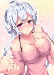  1girl ahoge breasts cleavage collarbone eyebrows_visible_through_hair floating_hair hair_between_eyes hand_holding large_breasts long_hair looking_at_viewer matoi_(pso2) milkpanda off-shoulder_shirt phantasy_star phantasy_star_online_2 pink_sweater red_eyes shiny shiny_skin shirt silver_hair smile sweater upper_body very_long_hair 