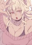  1girl :o bare_shoulders black_bra blonde_hair bra breasts cleavage close-up collarbone commentary_request erect_nipples eyebrows_visible_through_hair gyaru highres large_breasts looking_at_viewer medium_hair off_shoulder red_eyes simple_background sketch solo sweater tan tasaka_shinnosuke underwear upper_body w white_background 