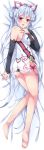  1girl ahoge ass ass_cutout barefoot bed_sheet black_bra black_panties blush bra breasts dakimakura detached_sleeves from_above full_body hair_between_eyes hairband highres large_breasts long_hair looking_at_viewer lying matoi_(pso2) milkpanda on_side open_mouth panties phantasy_star phantasy_star_online_2 red_eyes red_hairband red_ribbon ribbon shiny shiny_skin silver_hair solo twintails underwear very_long_hair 