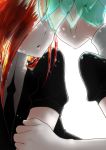  androgynous black_neckwear green_hair head_out_of_frame highres holding_arm houseki_no_kuni kurodai necktie phosphophyllite redhead shinsha_(houseki_no_kuni) shirt short_hair short_sleeves uniform white_background white_shirt 