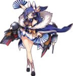  1girl animal_ears artist_request azur_lane blue_eyes blue_hair breasts fan flower folding_fan fur_scarf hair_flower hair_ornament high_heels holding holding_fan jintsuu_(azur_lane) machinery neck_ribbon official_art pleated_skirt ponytail remodel_(azur_lane) ribbon skirt solo tail 