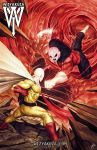  2boys alien angry bald black_eyes bodysuit cape ceasar_ian_muyuela crossover dragon_ball dragon_ball_super fighting frown full_body gloves jiren male_focus multiple_boys muscle no_pupils one-punch_man open_mouth punching red_footwear red_gloves saitama_(one-punch_man) superhero 