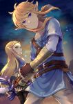  1boy 1girl black_legwear blonde_hair blue_eyes braid clouds commentary_request earrings eyebrows fingerless_gloves french_braid gloves green_eyes highres jewelry link long_hair looking_at_viewer looking_back night outdoors pants pointy_ears ponytail pouch princess_zelda sky sword the_legend_of_zelda the_legend_of_zelda:_breath_of_the_wild vambraces weapon 
