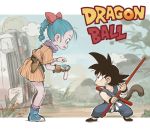  1boy 1girl black_eyes black_hair blue_eyes blue_hair bow braid braided_ponytail bulma car child commentary_request copyright_name dragon_ball dragon_radar fuse_ryuuta ground_vehicle hair_bow monkey_tail motor_vehicle open_mouth outdoors pole ponytail shoes son_gokuu spiky_hair striped_clothes tail teenage 