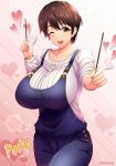  1girl ;d breasts brown_eyes brown_hair collarbone cowboy_shot food heart highres holding huge_breasts idolmaster idolmaster_cinderella_girls looking_at_viewer oikawa_shizuku one_eye_closed open_mouth overalls pocky pocky_day short_hair smile solo sweater twitter_username umasan 