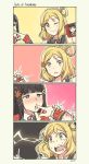 2girls 4koma :3 ;) bangs black_hair blonde_hair blunt_bangs blush braid bright_pupils comedy comic crown_braid finger_sucking green_eyes hair_ornament hair_rings hairclip heart heart-shaped_pupils highres kurosawa_dia love_live! love_live!_sunshine!! medium_hair mole mole_under_mouth multiple_girls ohara_mari one_eye_closed pas_(paxiti) saliva self_shot smile sweat symbol-shaped_pupils tears tongue tongue_out wrist_grab