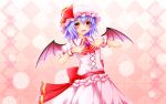  1girl akatsuki_no_usagi blue_hair brooch commentary_request dress hat hat_ribbon highres jewelry looking_at_viewer mob_cap open_mouth pink_dress puffy_short_sleeves puffy_sleeves red_eyes red_ribbon remilia_scarlet ribbon short_sleeves solo touhou wings wrist_cuffs 