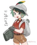  1girl adapted_costume backpack bag black_eyes black_gloves brown_shorts bucket_hat cosplay cowboy_shot gloves green_hair hat hat_feather kaban_(kemono_friends) kaban_(kemono_friends)_(cosplay) kantai_collection kemono_friends looking_at_viewer mogami_(kantai_collection) mogamiya_honu red_shirt shirt short_hair shorts simple_background solo white_background 