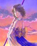  1girl back bare_shoulders blue_dress brown_hair clouds detached_sleeves dress final_fantasy final_fantasy_x heterochromia holding holding_staff looking_back outdoors short_hair solo staff sunset takeda_yuuko yuna_(ff10) 