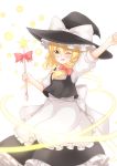  1girl ;d absurdres apron blonde_hair blouse blush bow frilled_skirt frills hat hat_bow hat_ribbon highres kirisame_marisa long_hair long_skirt one_eye_closed open_mouth puffy_short_sleeves puffy_sleeves ribbon short_sleeves skirt skirt_set smile solo touhou unira vest waist_apron wand witch_hat yellow_eyes 