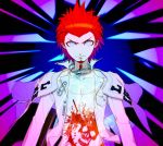  1boy blue_eyes collarbone dangan_ronpa ear_piercing facial_hair goatee jacket kuwata_leon looking_at_viewer necklace piercing red_hair safety_pin serious short_hair solo spiky_hair 