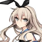  1girl absurdres black_bow blonde_hair blush bow breasts elbow_gloves eyebrows_visible_through_hair eyes_visible_through_hair from_side gloves grey_eyes grey_footwear hair_between_eyes hair_bow highleg highres kantai_collection long_hair looking_at_viewer midriff misteor open_mouth sailor_collar shimakaze_(kantai_collection) skirt small_breasts solo striped striped_legwear thigh-highs torso turning_head very_long_hair white_background white_gloves 