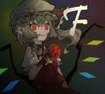  1girl apple ascot blonde_hair blood blood_on_face bloody_clothes bloody_hair bloody_hands empty_eyes fang flandre_scarlet food frilled_shirt_collar frills fruit glowing glowing_eyes hat holding holding_fruit mob_cap nakano_elsa puffy_short_sleeves puffy_sleeves red_eyes short_sleeves smile solo touhou upper_body wings 