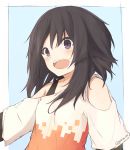  1girl :d bangs black_hair commentary_request frame hair_between_eyes highres looking_at_viewer off_shoulder open_mouth original shirt short_hair short_sleeves shoulder_cutout smile solo t-shirt twitter_username upper_body violet_eyes yukine_on 