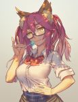  1girl alternate_costume animal_ears artist_request breasts candy collarbone fate/extra fate/extra_ccc fate/grand_order fate_(series) food fox_ears fox_tail glasses grey_background hand_on_hip large_breasts lollipop pink_hair school_uniform semi-rimless_eyewear simple_background solo tail tamamo_(fate)_(all) tamamo_jk_(fate) twintails yellow_eyes 
