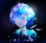  1girl blue_eyes blue_hair blue_neckwear blush closed_mouth eyebrows hair_ornament hair_over_one_eye houseki_no_kuni looking_at_viewer re:zero_kara_hajimeru_isekai_seikatsu rem_(re:zero) short_hair solo upper_body wangxiii x_hair_ornament 