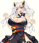  1girl :d aoguu bangs bare_shoulders black_dress blue_eyes blush breasts claw_pose cleavage cleavage_cutout contrapposto cowboy_shot crossed_bangs dress eyebrows eyebrows_visible_through_hair eyelashes hair_between_eyes hair_ornament hairclip kaguya_luna kaguya_luna_(character) large_breasts long_hair looking_at_viewer multicolored multicolored_eyes obi open_mouth palms pink_eyes red_legwear ribbon sash shiny shiny_skin short_dress sidelocks silver_hair simple_background sleeveless sleeveless_dress smile solo standing striped striped_ribbon thigh-highs tsurime turtleneck twintails vertical_stripes white_ribbon wrist_ribbon wristband x_hair_ornament zettai_ryouiki 