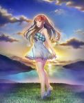  1girl ass blush brown_eyes brown_hair clouds cloudy_sky dress hairband highres idolmaster idolmaster_million_live! long_hair looking_at_viewer nanaran ocean see-through see-through_silhouette sky sleeveless sleeveless_dress smile solo sundress sunset tanaka_kotoha twilight white_dress 