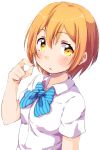  1girl blue_bow bow dress_shirt highres hoshizora_rin looking_at_viewer love_live! love_live!_school_idol_project open_mouth orange_hair otonokizaka_school_uniform school_uniform sen_(sen0910) shirt short_hair short_sleeves simple_background solo upper_body white_background white_shirt yellow_eyes 