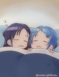  2girls bed blanket blue_hair closed_eyes commentary_request kantai_collection mae_(maesanpicture) multiple_girls samidare_(kantai_collection) sleeping suzukaze_(kantai_collection) under_covers 