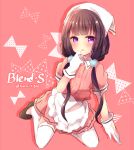  1girl apron bangs blend_s blunt_bangs blush brown_footwear commentary_request copyright_name eyebrows_visible_through_hair frilled_apron frills gloves hair_ornament hair_over_shoulder hand_to_own_mouth hand_up haru_ichigo head_scarf long_hair low_twintails parted_lips pink_background pink_shirt pink_skirt pleated_skirt polka_dot pom_pom_(clothes) puffy_short_sleeves puffy_sleeves purple_hair sakuranomiya_maika shirt shoes short_sleeves skirt solo thigh-highs twintails twitter_username uniform very_long_hair violet_eyes waist_apron waitress white_apron white_gloves white_legwear 