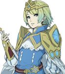  1girl blonde_hair blue_eyes blue_hair crown earrings fire_emblem fire_emblem_heroes fjorm_(fire_emblem_heroes) gradient gradient_hair jewelry kamu_(kamuuei) looking_at_viewer multicolored_hair short_hair simple_background smile solo white_background 