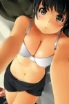  1girl assertive black_eyes black_hair black_skirt blush bra breasts cleavage eyebrows_visible_through_hair highres looking_at_viewer matsunaga_kouyou medium_breasts navel original panties pantyshot parted_lips skirt solo underwear white_bra white_panties 