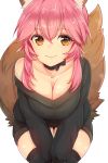 1girl animal_ears bent_over black_legwear breasts brown_eyes choker cleavage closed_mouth collarbone dress eyebrows_visible_through_hair facing_viewer fate/extra fate_(series) fox_ears fox_tail haani highres large_breasts looking_away off-shoulder_sweater pink_hair ribbon_choker sidelocks simple_background smile solo sweater sweater_dress tail tamamo_(fate)_(all) tamamo_no_mae_(fate) thigh-highs white_background zettai_ryouiki 