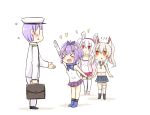  &gt;_&lt; 1boy 3girls :d admiral_(azur_lane) animal_ears ayanami_(azur_lane) azur_lane bag comic commentary fake_animal_ears hairband hat highres holding jacket javelin_(azur_lane) laffey_(azur_lane) long_hair military military_uniform multiple_girls naval_uniform open_mouth peaked_cap plaid plaid_skirt pleated_skirt ponytail purple_hair scarf school_uniform serafuku silent_comic silver_hair simple_background skirt smile thigh-highs twintails uniform white_background white_hair white_legwear xd zettai_ryouiki 