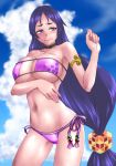  1girl bare_shoulders bikini blush breasts choker cleavage collarbone eyepatch_bikini fate/grand_order fate_(series) houman large_breasts long_hair minamoto_no_raikou_(fate/grand_order) minamoto_no_raikou_(swimsuit_lancer)_(fate) navel purple_bikini purple_hair solo swimsuit very_long_hair violet_eyes 