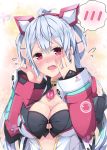  1girl ahoge blush breasts choker cleavage cleavage_cutout eyebrows_visible_through_hair floating_hair gem hair_between_eyes hairband large_breasts looking_at_viewer matoi_(pso2) milkpanda open_mouth phantasy_star phantasy_star_online_2 red_eyes red_hairband silver_hair solo violet_eyes 