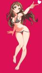  1girl bare_legs barefoot bikini black_bikini breasts brown_eyes brown_hair heart highres idolmaster idolmaster_million_live! jeongjae_(jj) kitazawa_shiho long_hair medium_breasts navel outstretched_arm pink_background simple_background smile solo swimsuit thigh_gap 