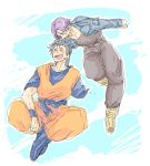  2boys belt black_hair blue_background boots closed_eyes clouds cloudy_sky day denim denim_jacket dougi dragon_ball dragonball_z hand_on_another&#039;s_back happy jacket legs_crossed male_focus multiple_boys open_mouth pants purple_hair scar simple_background sky smile son_gohan trunks_(dragon_ball) white_background wristband 