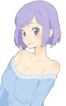  1girl :p absurdres bangs bare_shoulders blue_eyes blue_sweater blush breasts cleavage closed_mouth donguri_suzume eyebrows_visible_through_hair highres large_breasts long_sleeves looking_at_viewer mole mole_on_shoulder purple_hair short_hair simple_background solo sweater sweater_vest tongue tongue_out upper_body white_background 